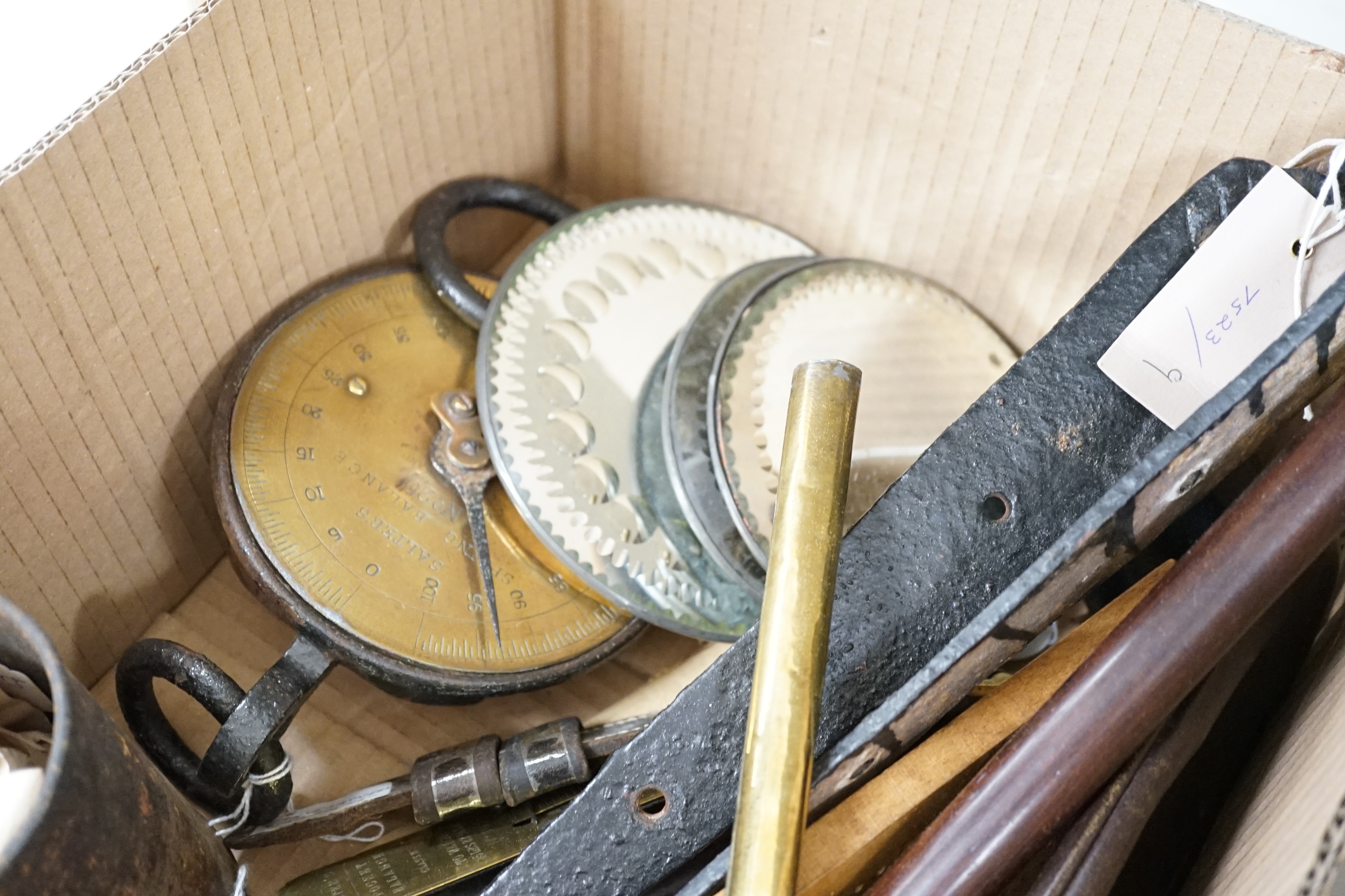 A quantity of collectables including handbags, scales, metal wares etc